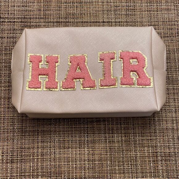HAIR Pink Varsity Chenille Shell Gold Cosmetic Toiletry Bag Zipper Pouch NWT - Picture 1 of 5